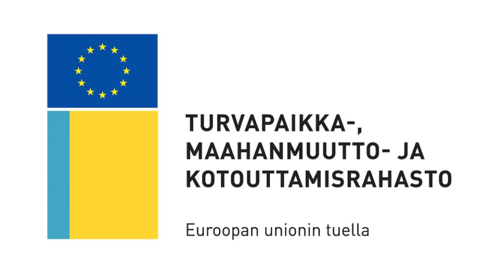 Logo, jossa on Euroopan union lippu ja teksti turvapaikka-, maahanmuutto- ja kotouttamisrahasto Euroopan Unionin tuella